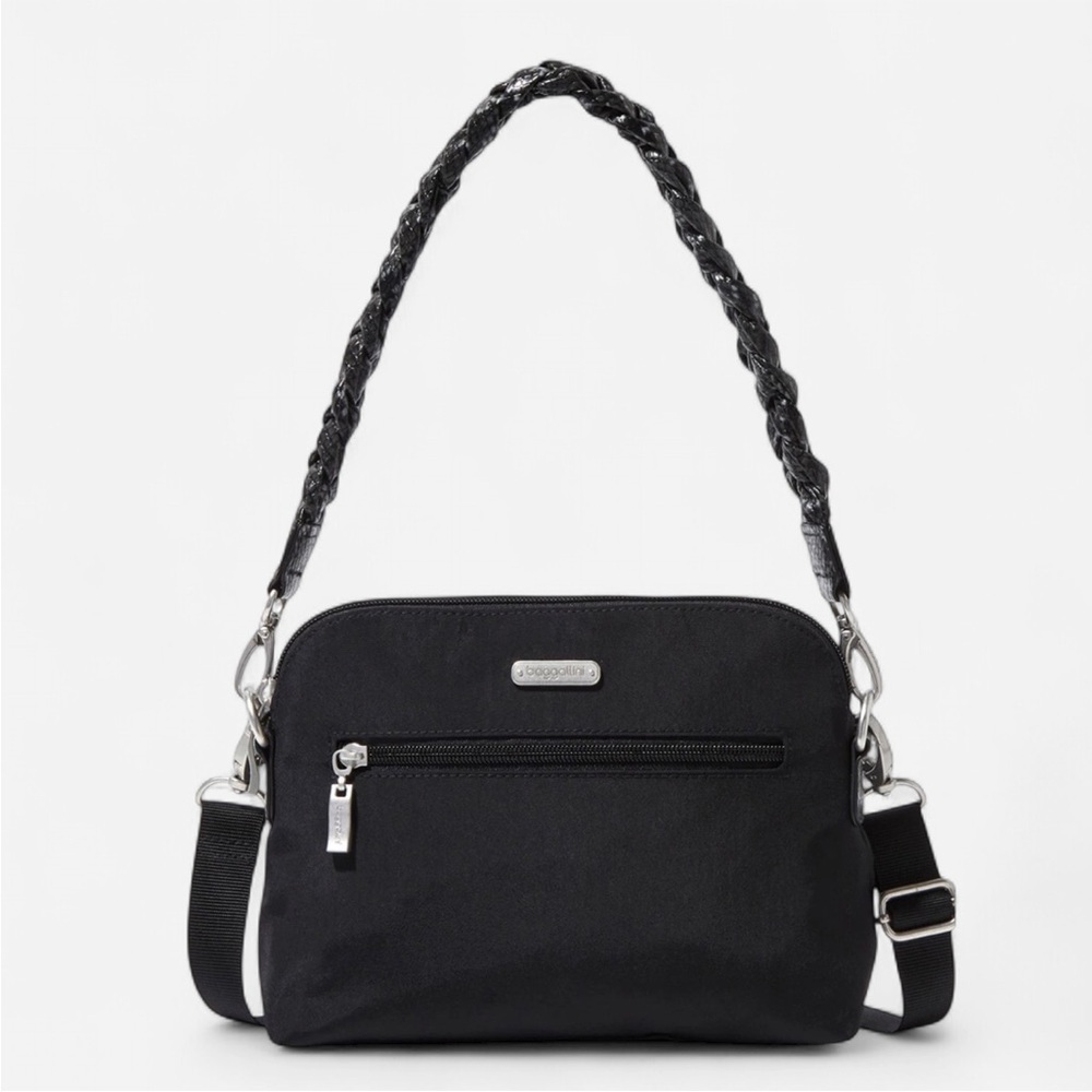 Baggallini Black Dome Crossbody With Snake Print Braided Strap